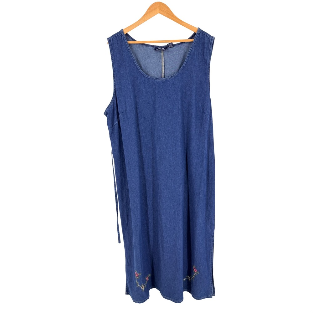 Vintage Embroiderd Floral Denim Maxi Dress Blue Plus Size 3X Sleeveless 90s